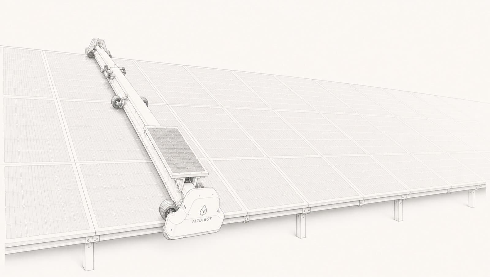 Rover d’inspection robotisé en mouvement le long d’une rangée de panneaux solaires.