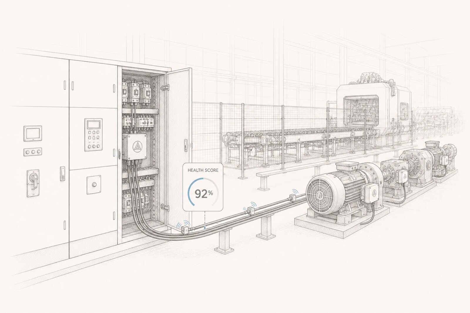 Atelier industriel avec armoire électrique, moteurs et indicateur de supervision Altia Care.