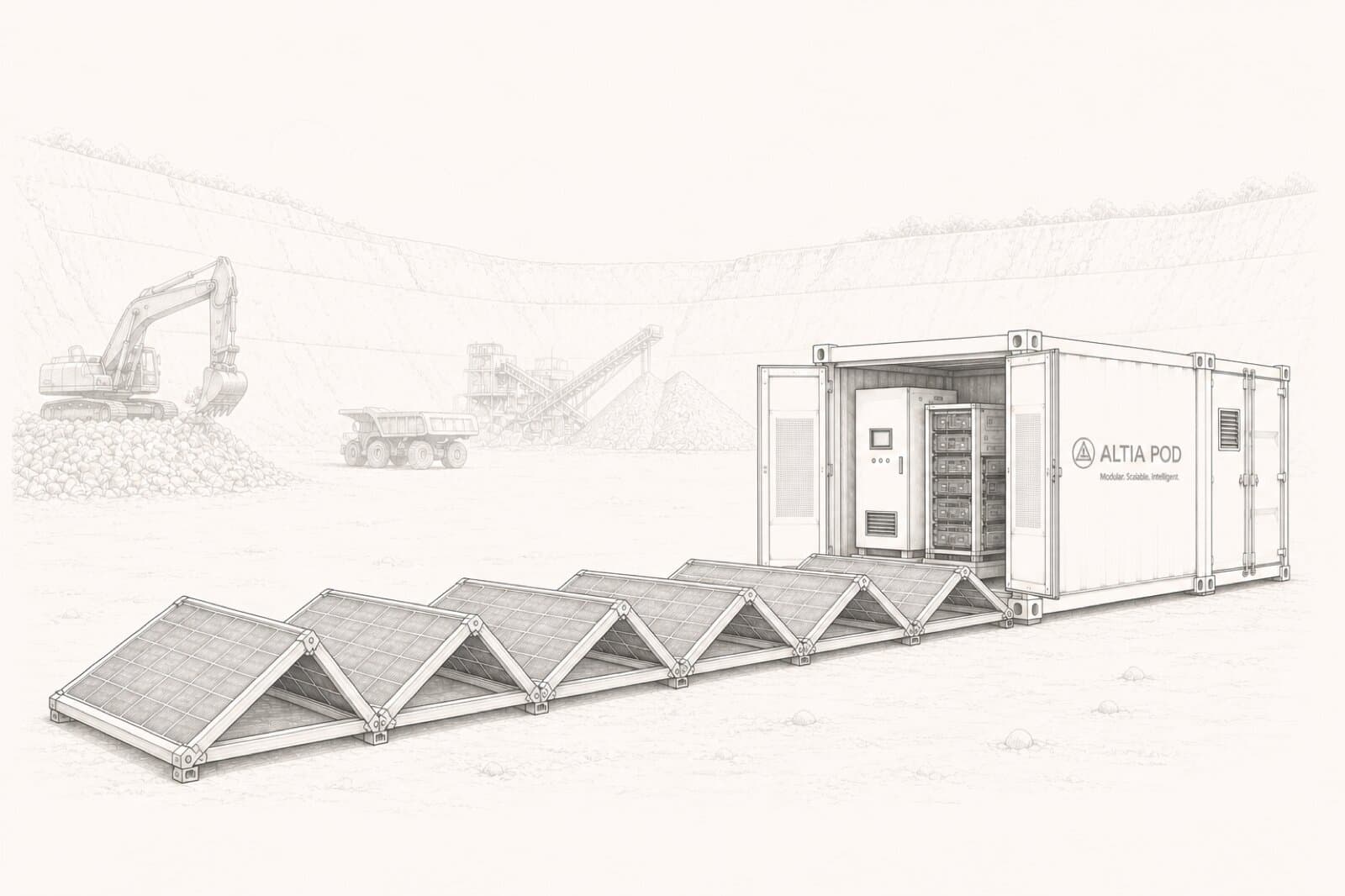 Container Altia Pod déployé sur site, panneaux solaires repliables au sol.